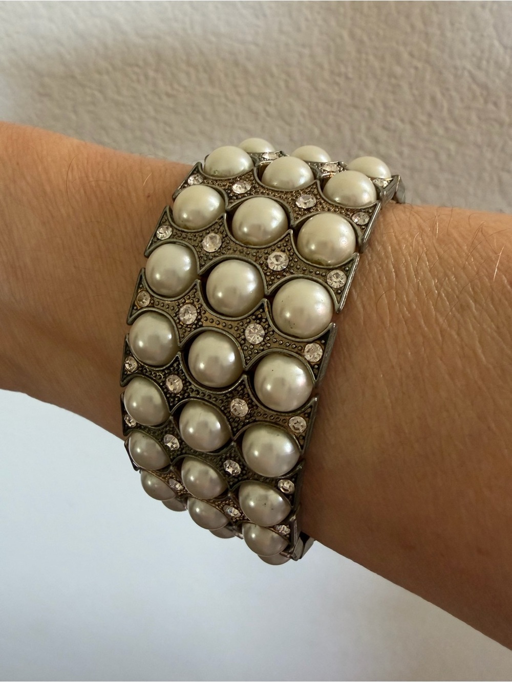 Antigua Pearl and Crystal Multi-Row Cuff Bracelet - White
